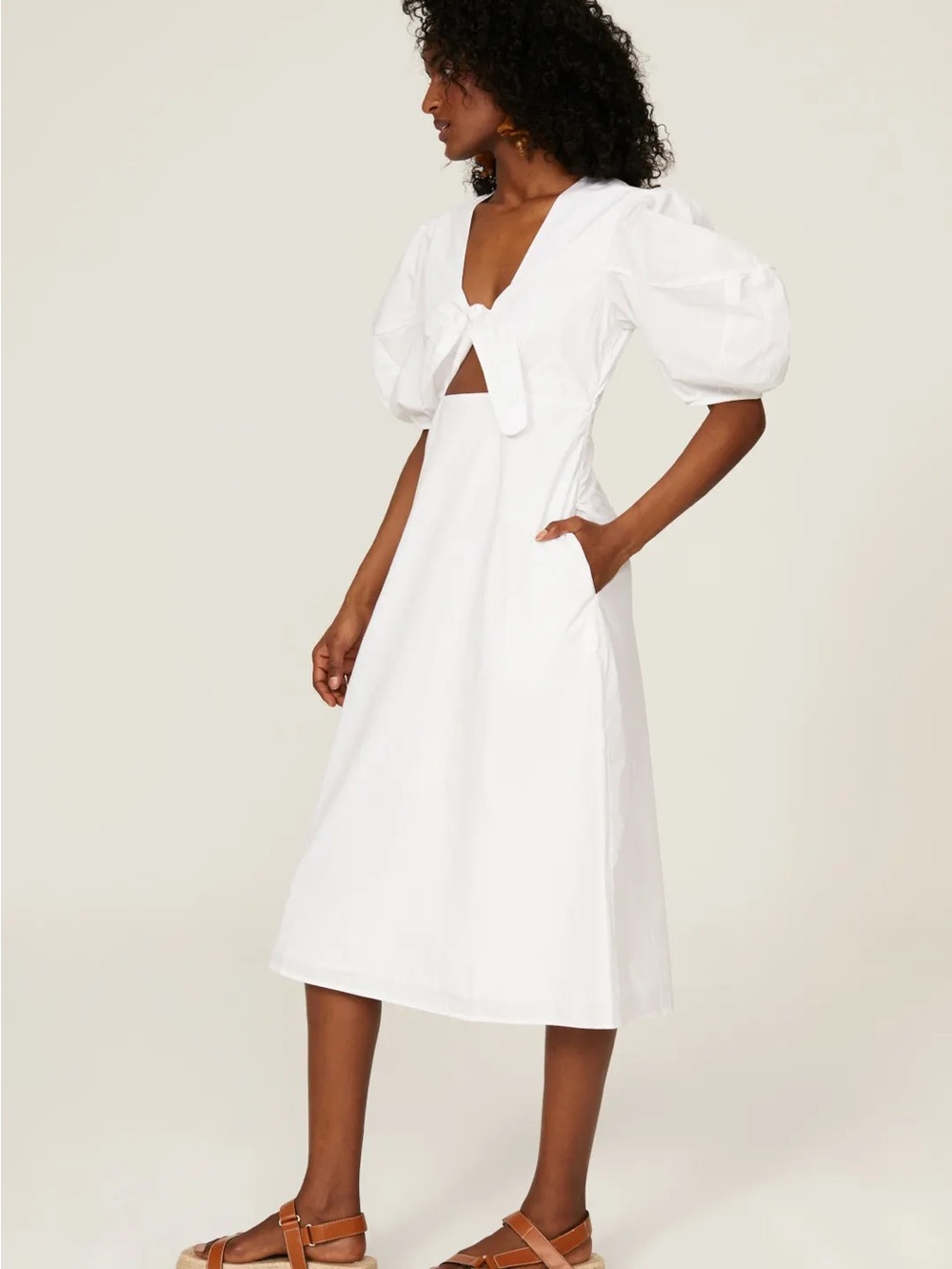 RHODE Cream Tie-Front Maxi Dress with Puff Sleeves